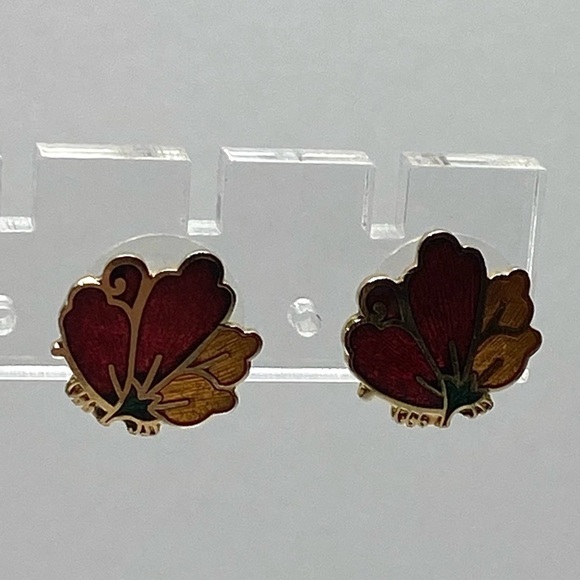 Cloisonné Earrings Flower Gold Tone Red Yellow Vintage - Picture 3 of 11